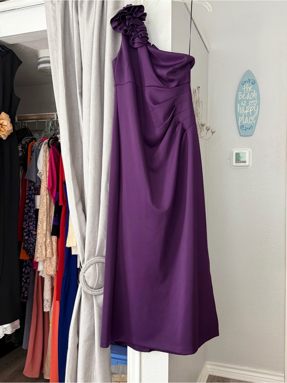 One-Shoulder Purple Dress with Floral Shoulder Detail